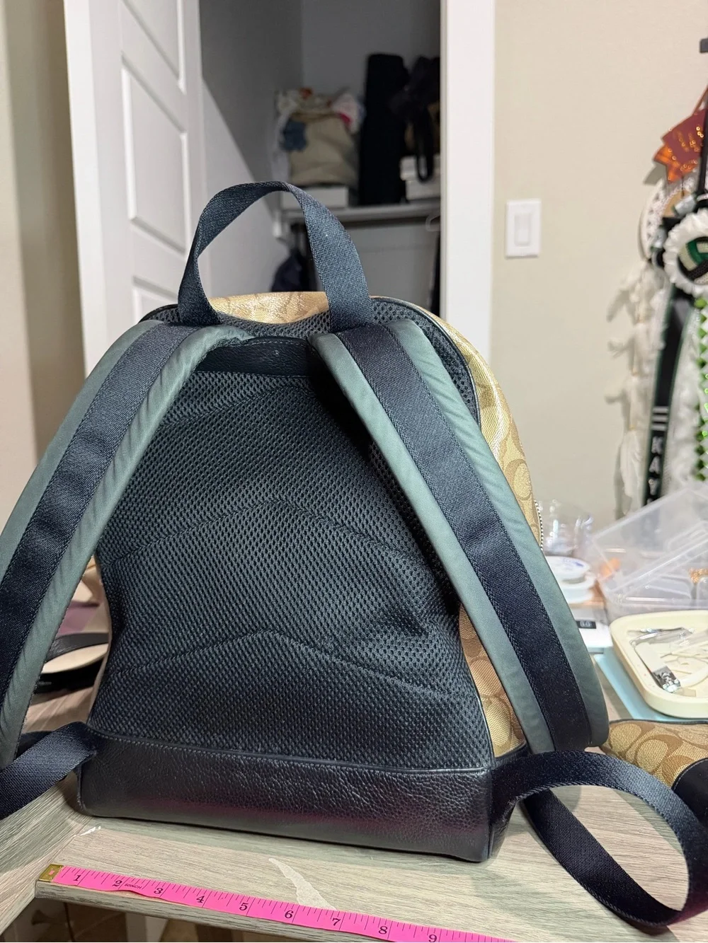 Coach Tan Signature Canvas Backpack with Black Leather and includes wallet
